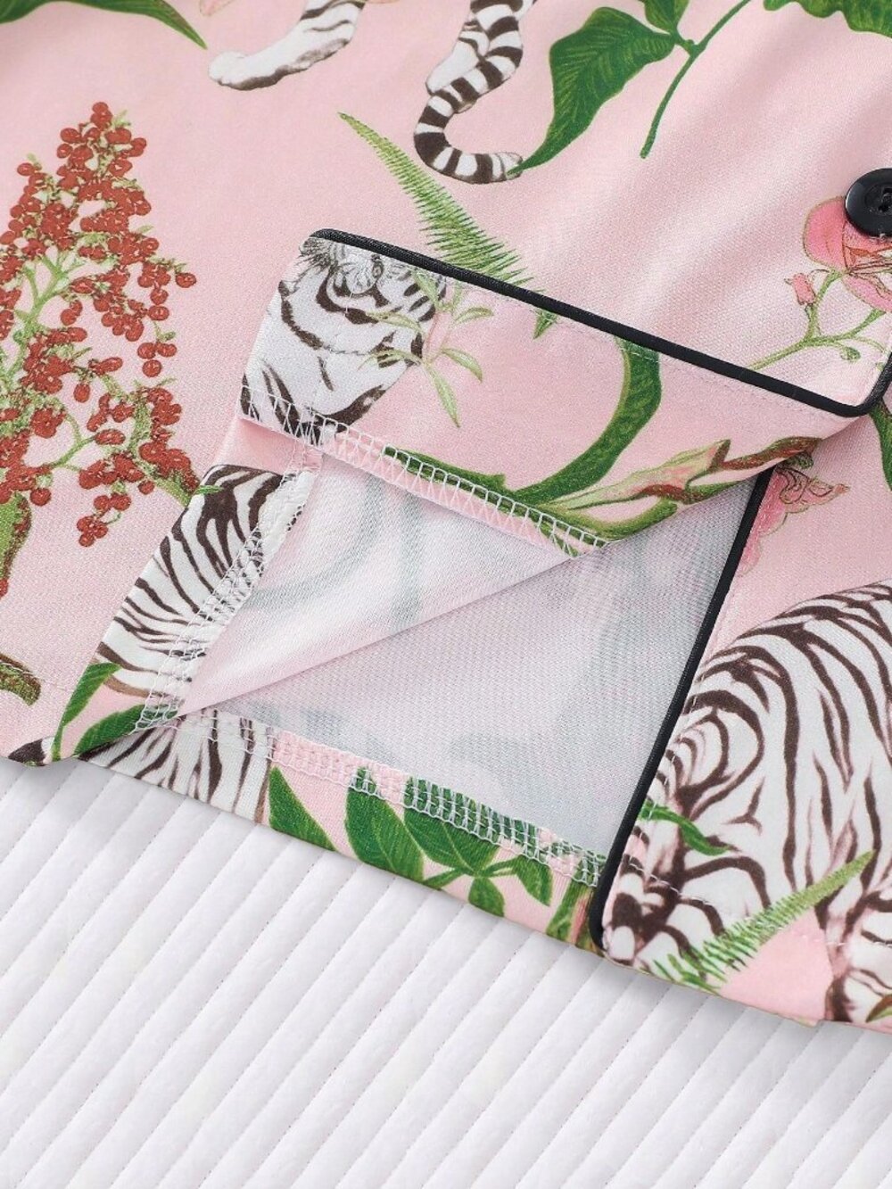 Pink Floral Tiger Print Women's Pajama Short Sleeve Collared Top and Shorts set - Picture 8 of 8